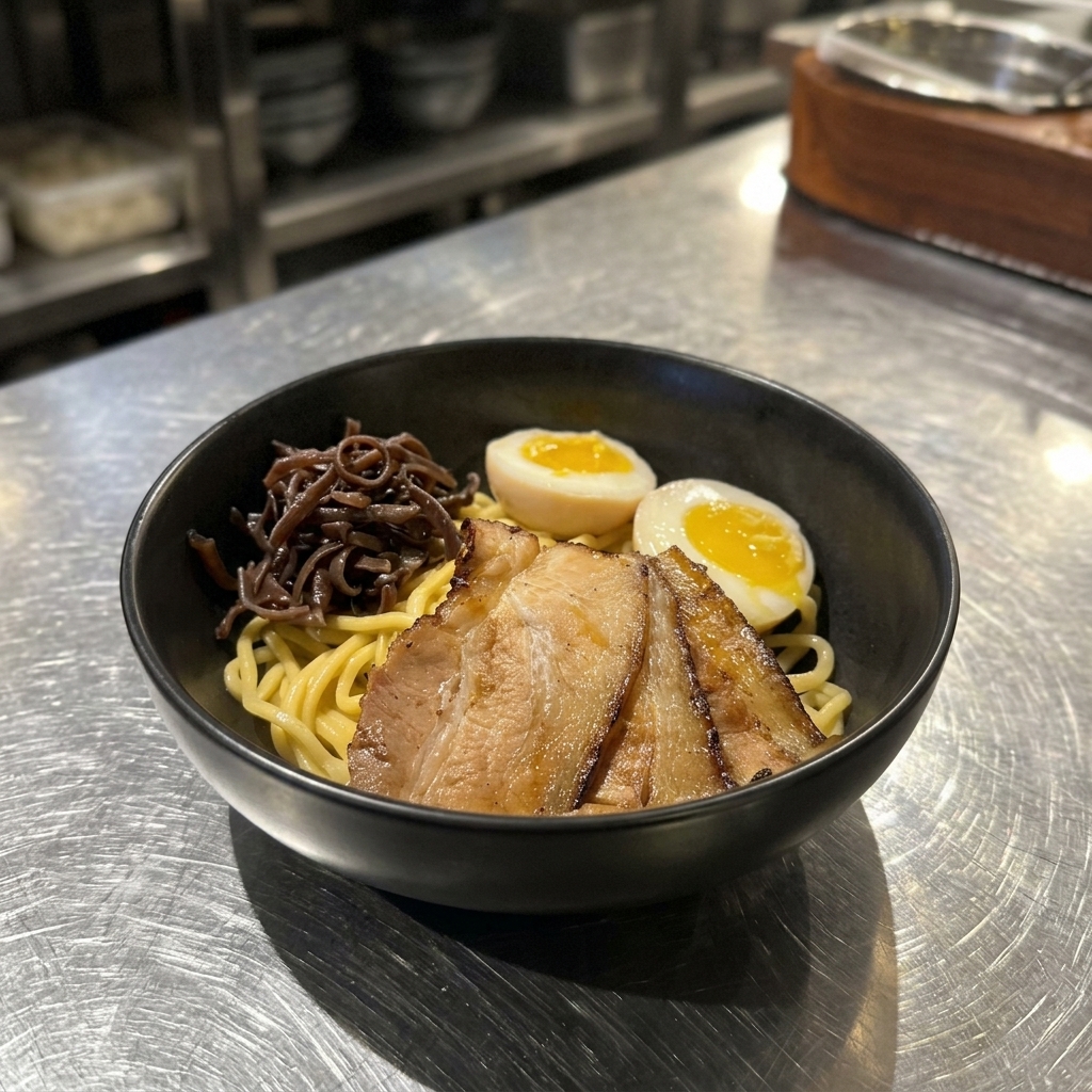 A bowl of mazesoba beautifully topped with chashu pork, boiled eggs, and shredded dark wood ear mushrooms.