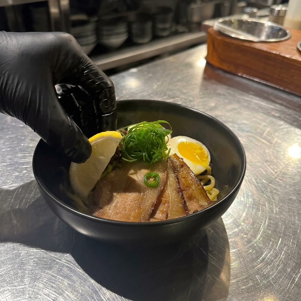 A gloved hand placing a lemon wedge on the side of a bowl of mazesoba topped with chashu, green onions, and an egg.