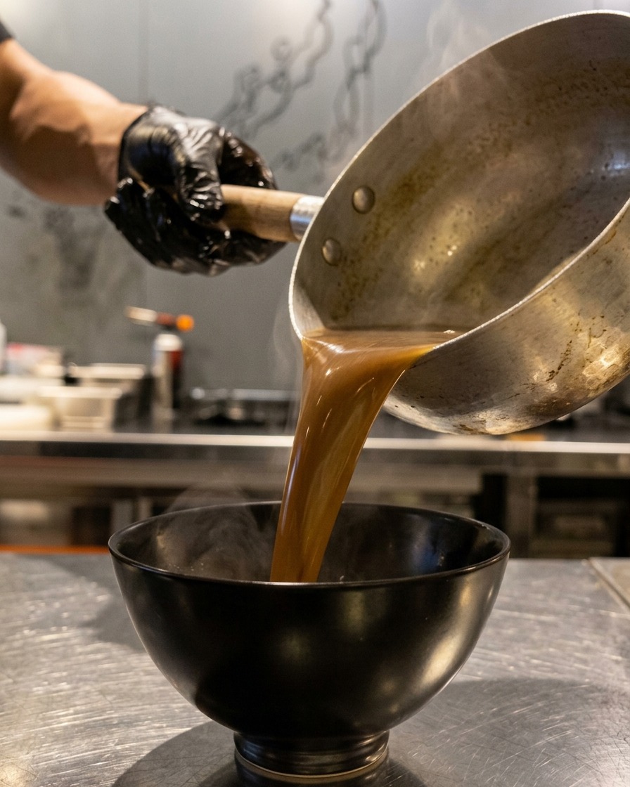 A gloved hand pouring steaming, dark, thick broth from a metal cooking pot into a small black serving bowl.
