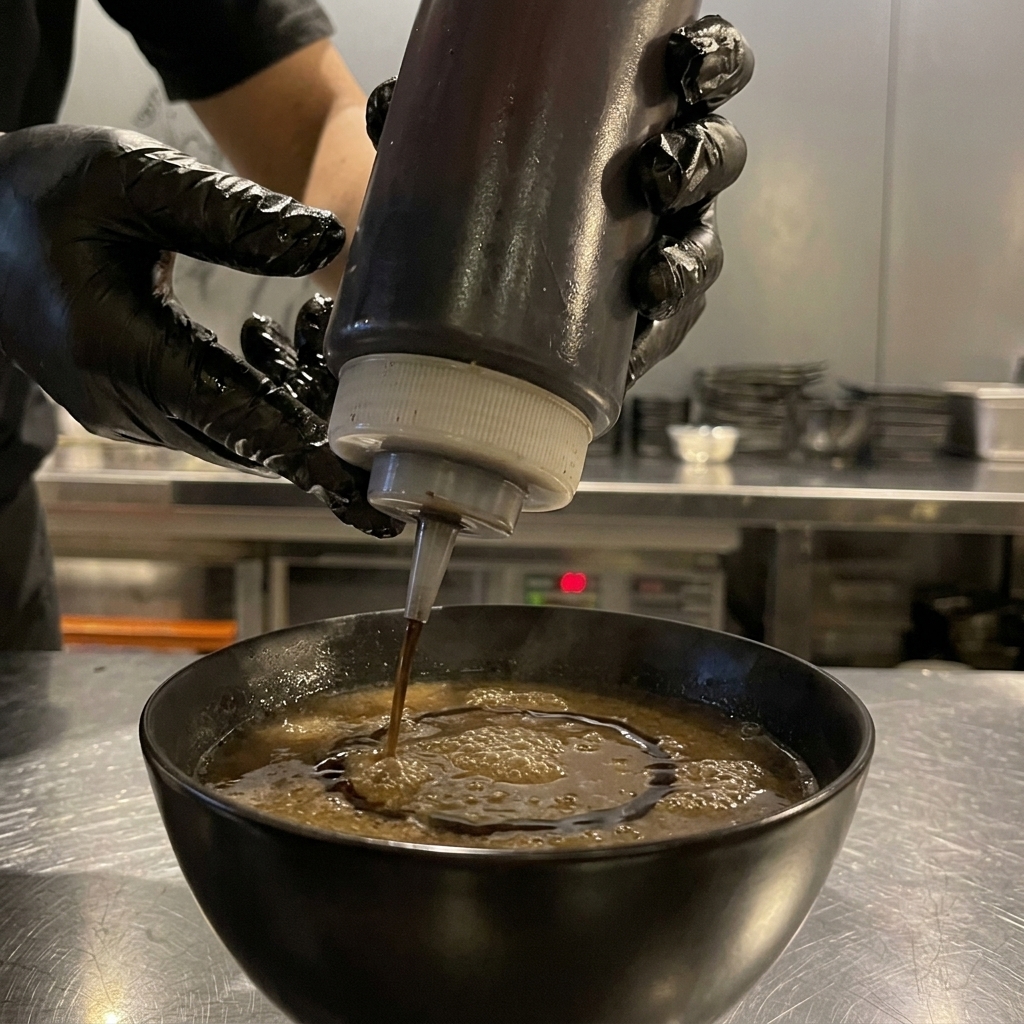 Gloved hands holding a squeeze bottle and pouring a swirl of dark black garlic juice over the top of a bowl of hot broth.