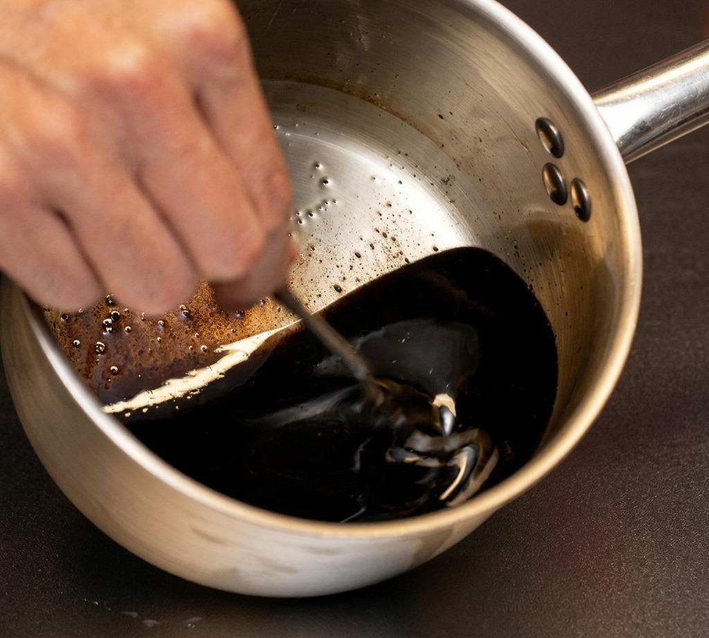 A dark, charred mixture of blackened garlic cloves and oil being stirred with a spoon in a small metal pot.