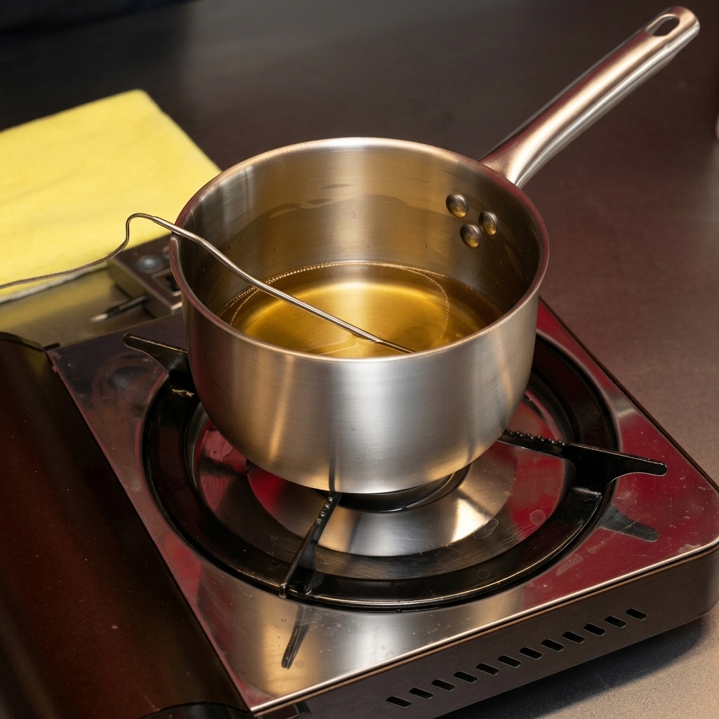 A stainless steel pot on a portable stovetop filled with melted golden lard, with a thermometer resting inside.