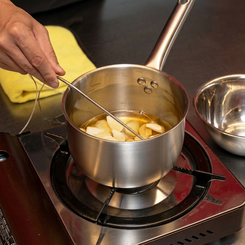 Whole peeled garlic cloves slowly frying in a small pot of hot melted lard, with a thermometer resting against the edge.