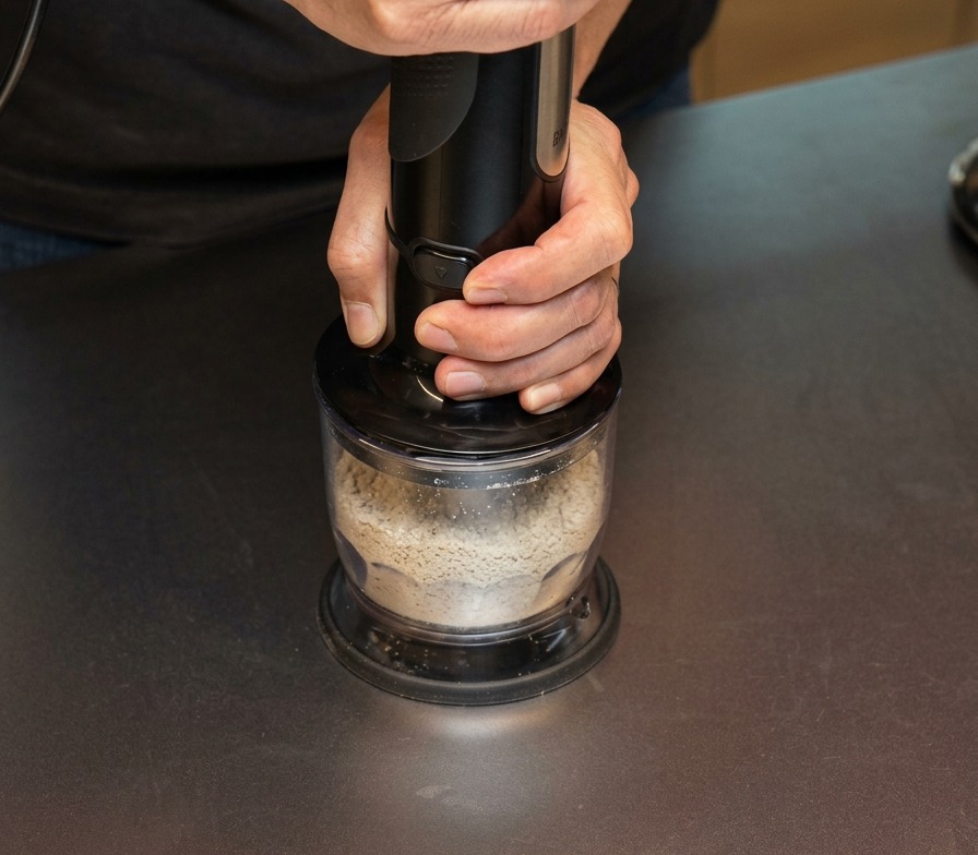 Two hands operating an immersion stick blender, grinding down ingredients into a powder inside a clear blending cup.