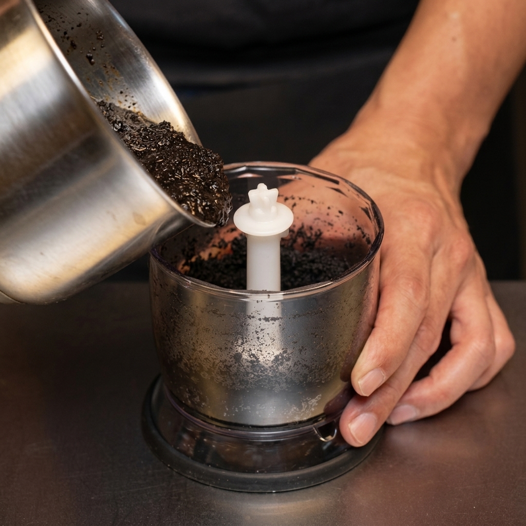 Hands pouring a dark mixture of oil and charred garlic from a stainless steel pot into a clear food processor bowl.