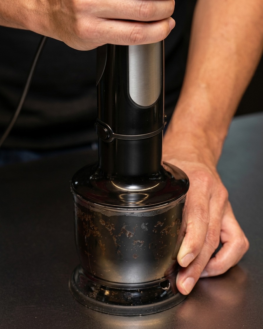 Hands using an immersion blender to mix black garlic powder and oil in a clear container.
