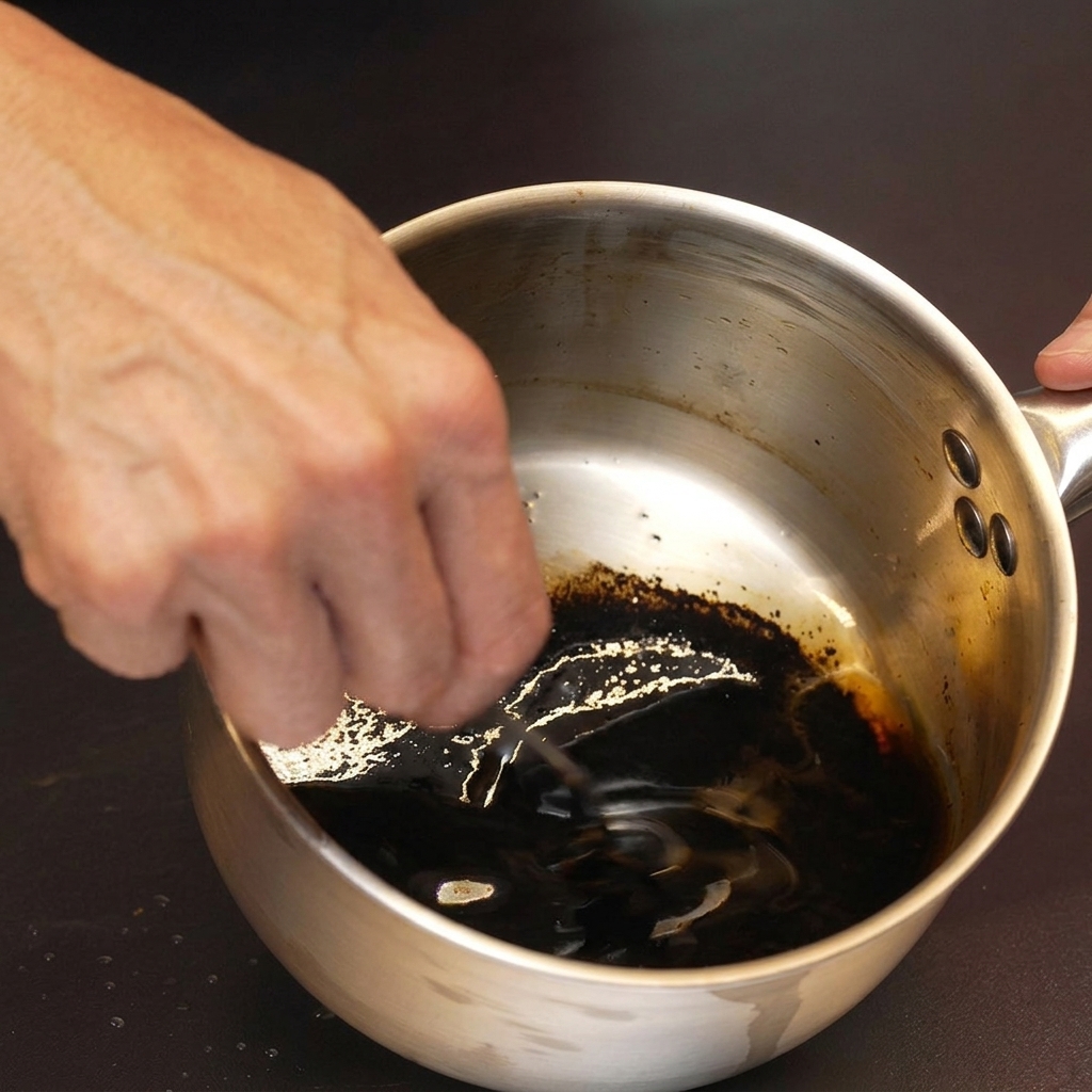 A hand stirring shiny, dark black garlic oil in a stainless steel saucepan with a spoon.