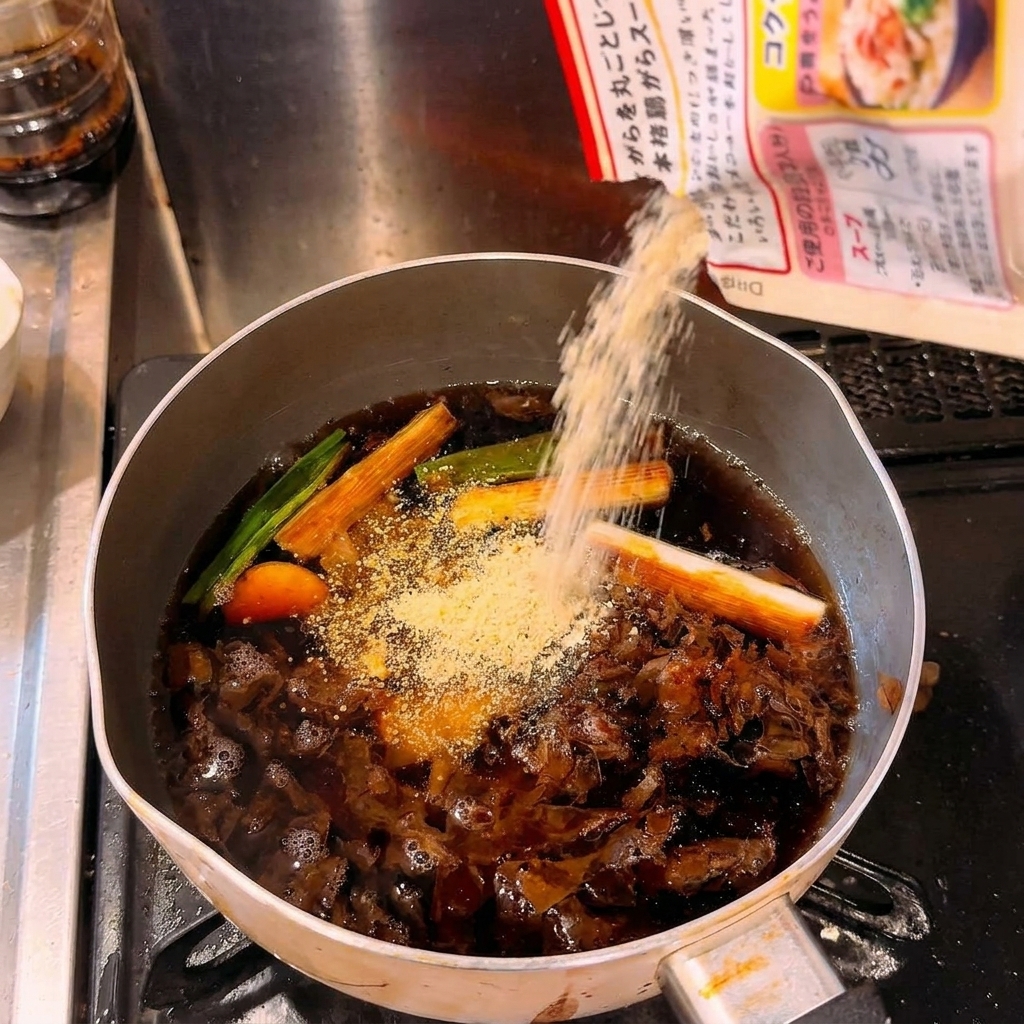 Powdered chicken soup seasoning being poured from a packet into a pot of dark, simmering ramen broth.