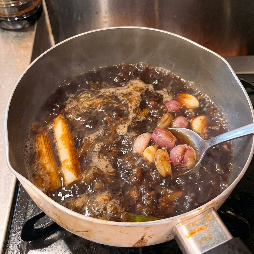 A metal spoon stirring a rapidly boiling, dark ramen broth filled with softened garlic cloves and scallions.