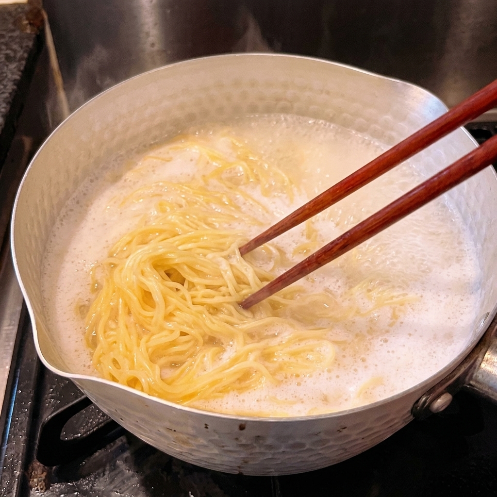 Wooden chopsticks stirring fresh yellow ramen noodles in a pot of vigorously boiling, starchy water.