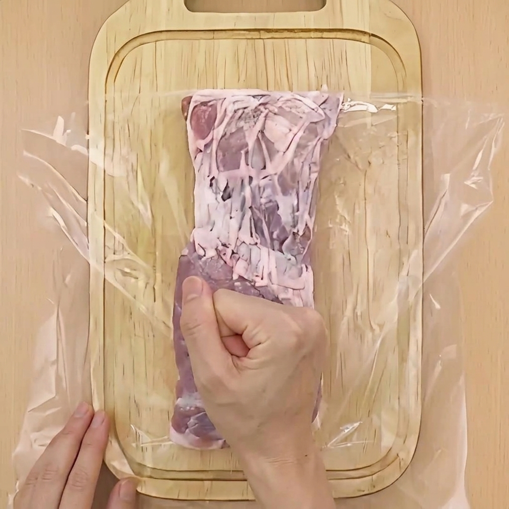 A persons fist pounding a piece of raw pork belly covered in clear plastic wrap on a wooden cutting board.