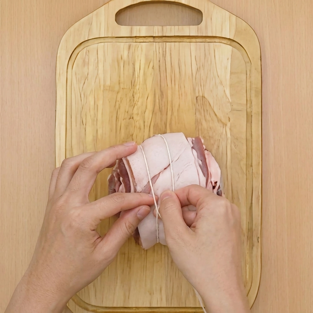 Hands using white butchers twine to securely tie a rolled piece of raw pork belly.