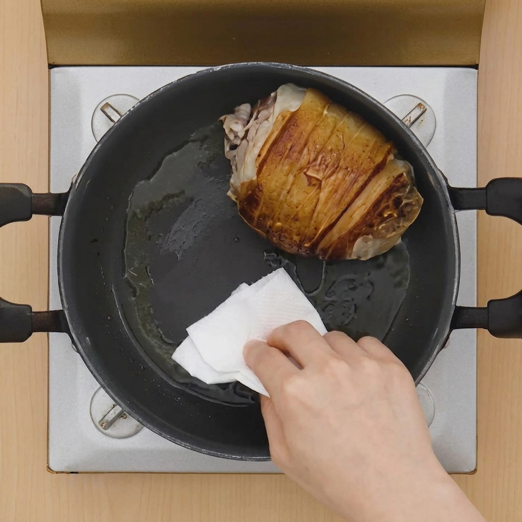 A hand using a folded white paper towel to wipe up excess oil and fat from a dark pot containing a seared pork belly roll.