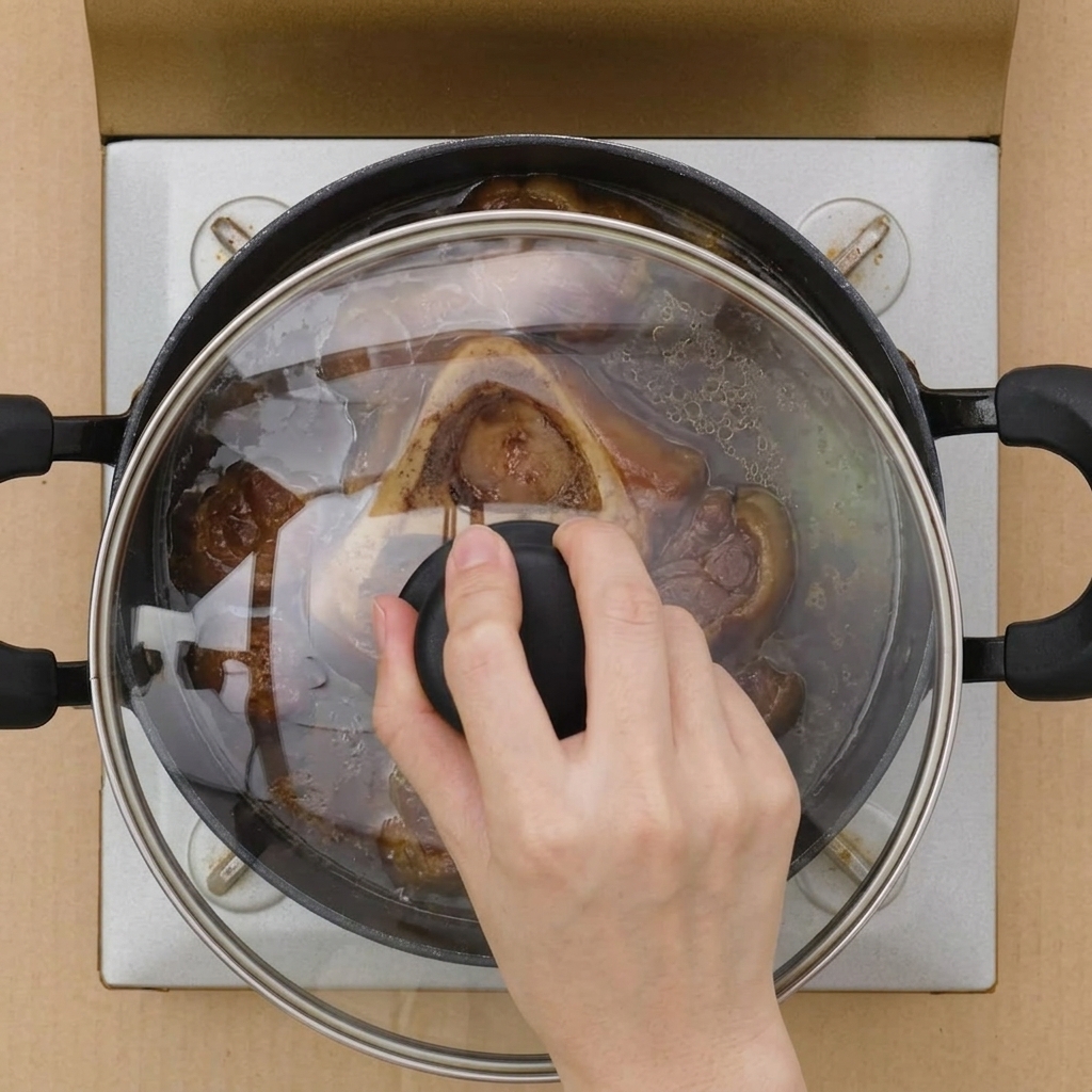 A hand placing a clear glass lid onto a simmering pot containing the chashu pork belly.