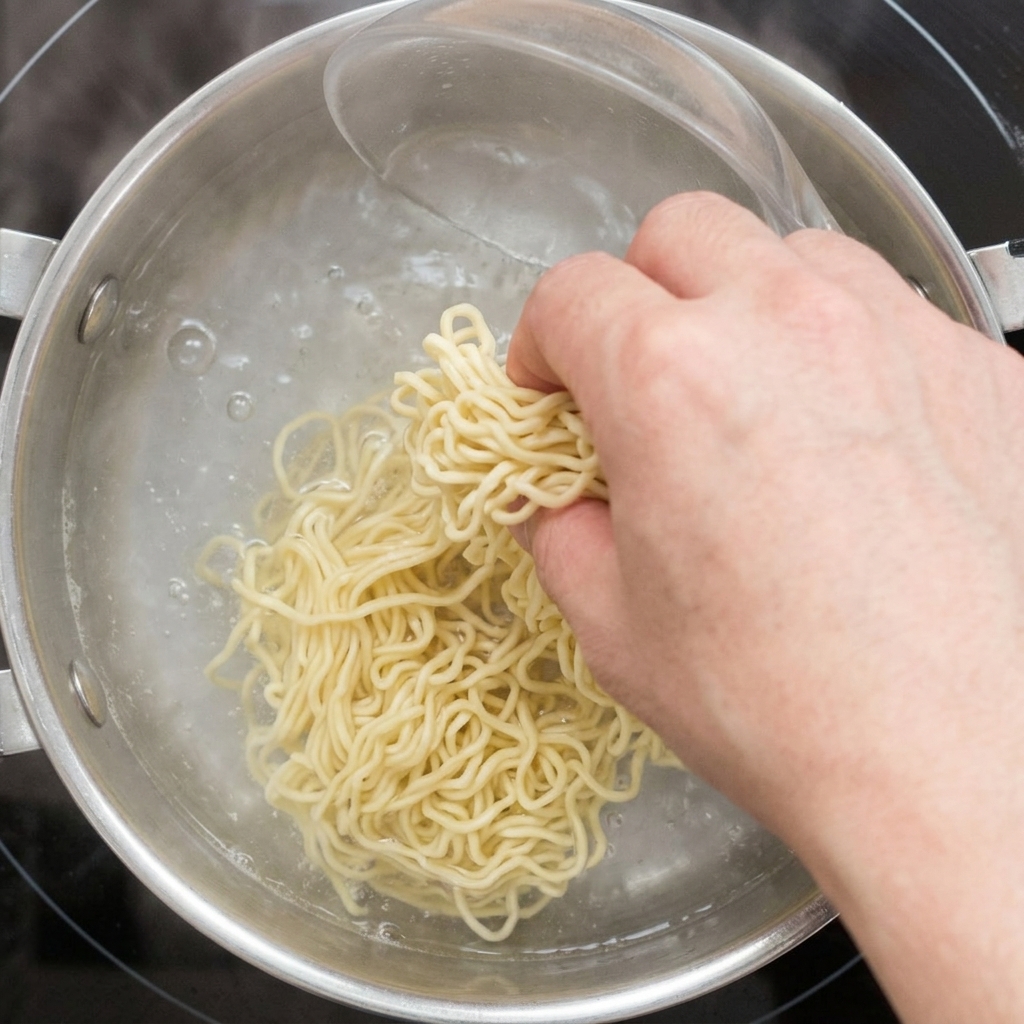 A hand gently dropping a bundle of fresh, curly yellow ramen noodles into a stainless steel pot of actively boiling water.