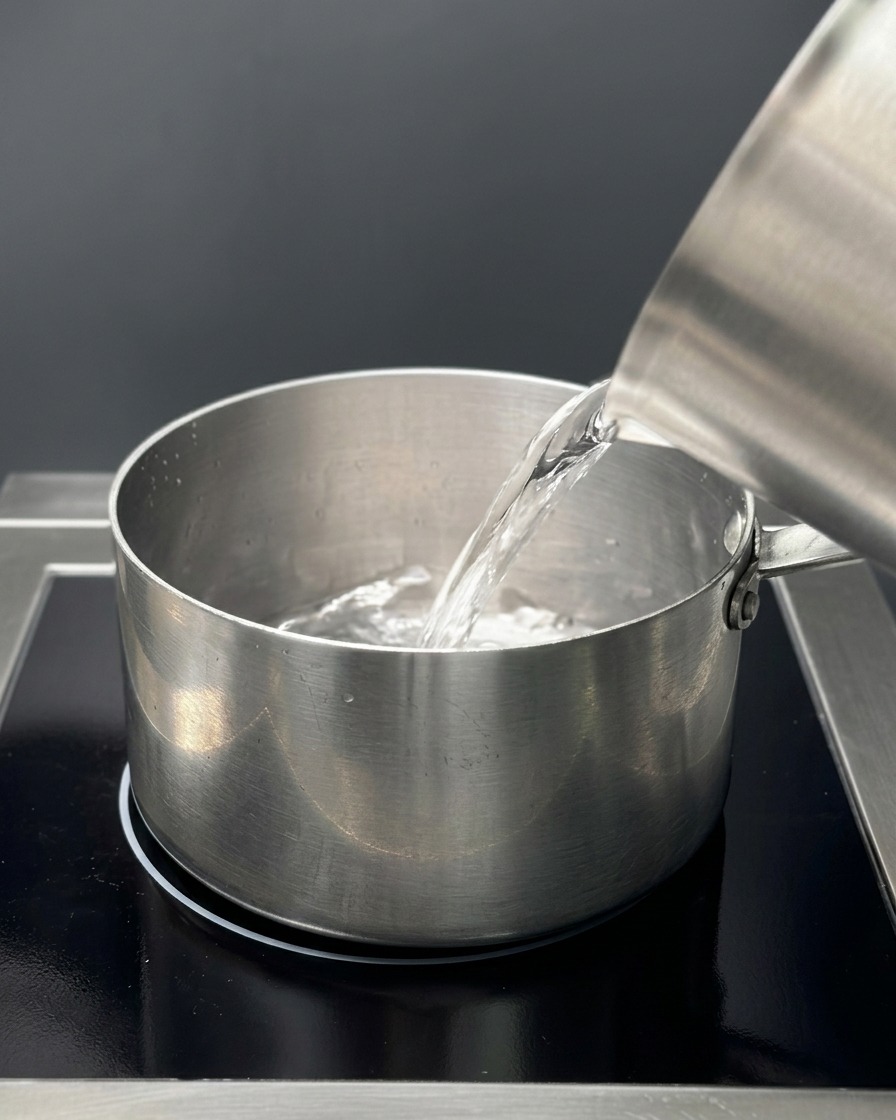 Cold water being poured from a metal pitcher into a pot on a black induction stove.