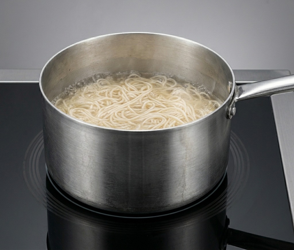 Ramen noodles boiling vigorously in a metal pot on the stove.