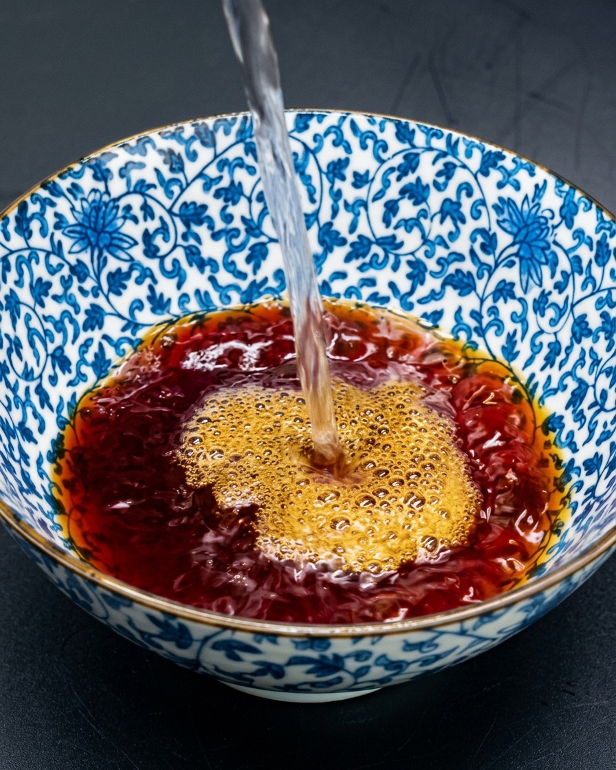 Hot water being poured into a patterned bowl, mixing with the dark soy sauce base and creating bubbles.