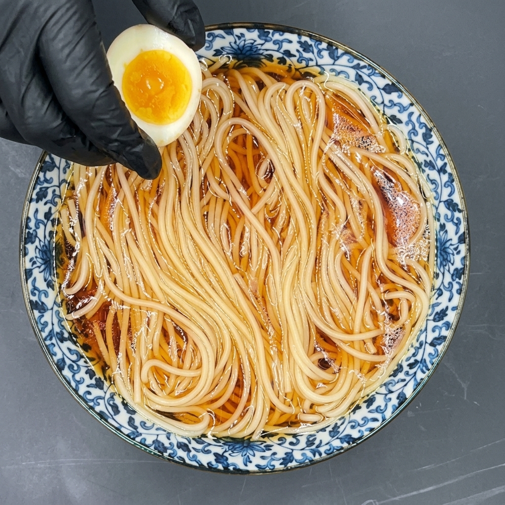 A gloved hand placing a half soft-boiled egg onto a bowl of ramen noodles in dark broth.