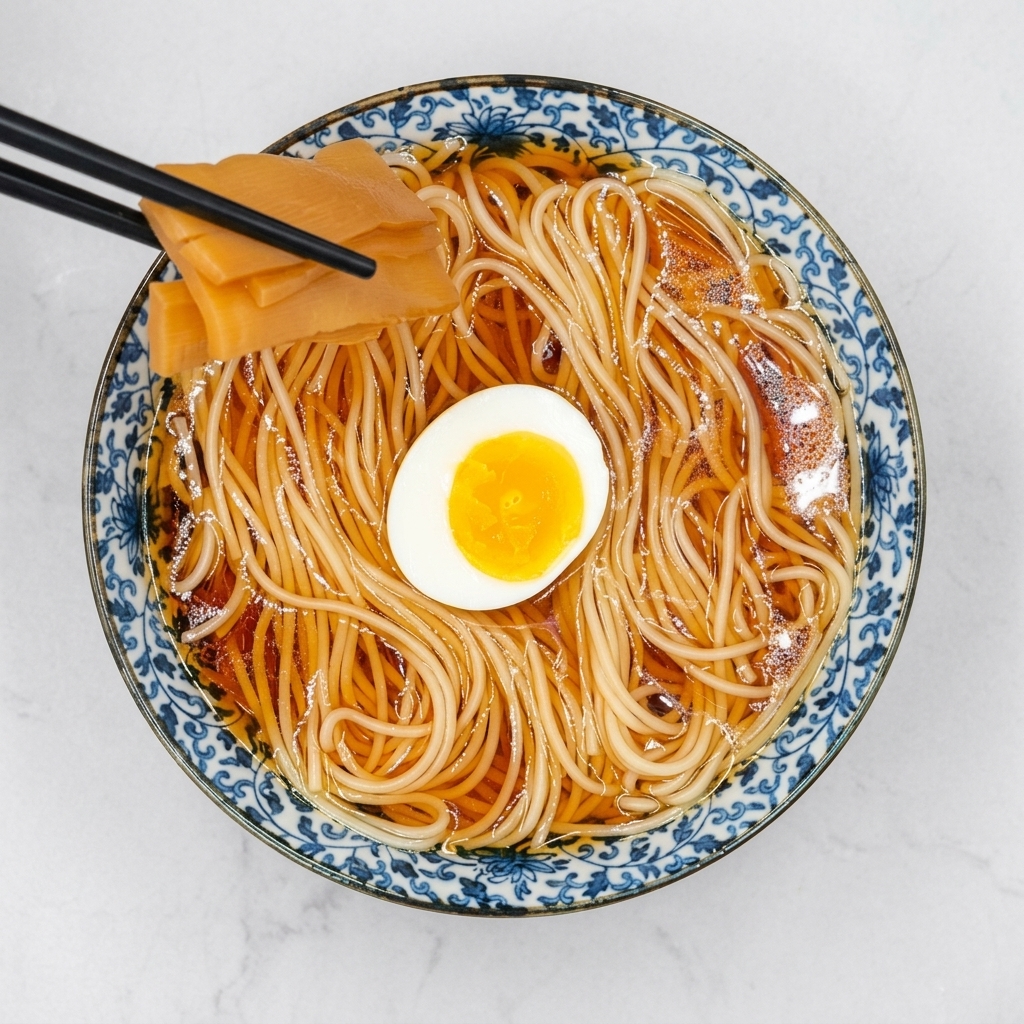 Black chopsticks adding sliced bamboo shoots to a bowl of ramen next to a soft-boiled egg.