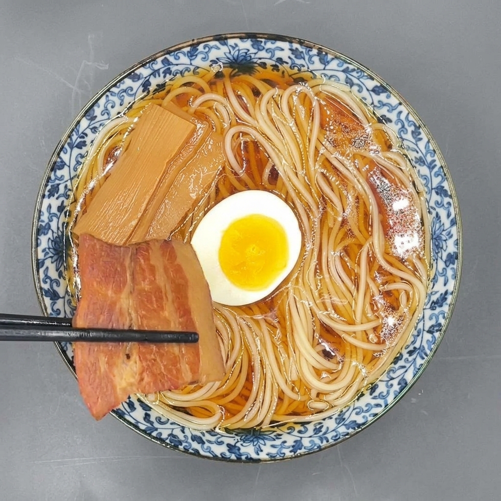 Chopsticks placing a slice of cooked char siu pork into a bowl of ramen with an egg and bamboo shoots.