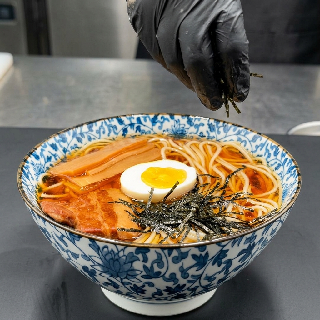 A hand wearing a black glove sprinkling shredded nori seaweed over a fully assembled bowl of ramen.