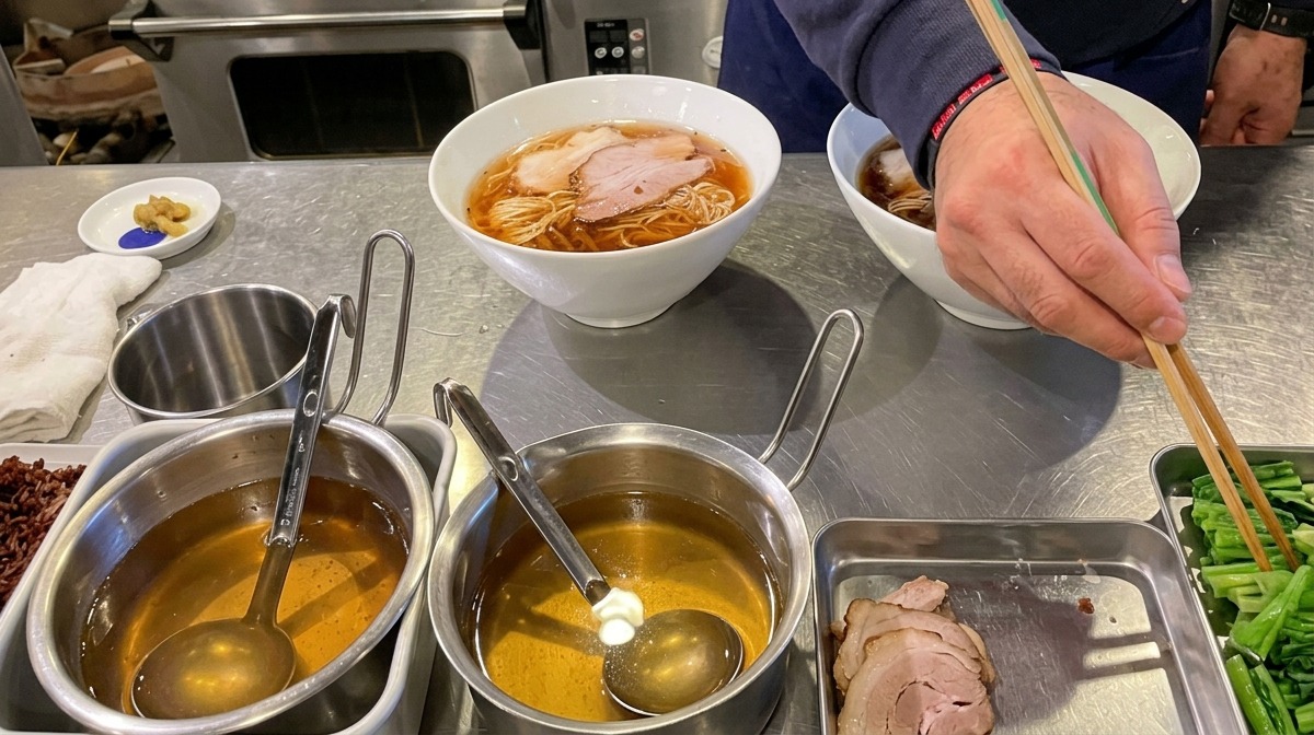 Chefs hand using chopsticks near a tray of blanched spinach next to a bowl of ramen.