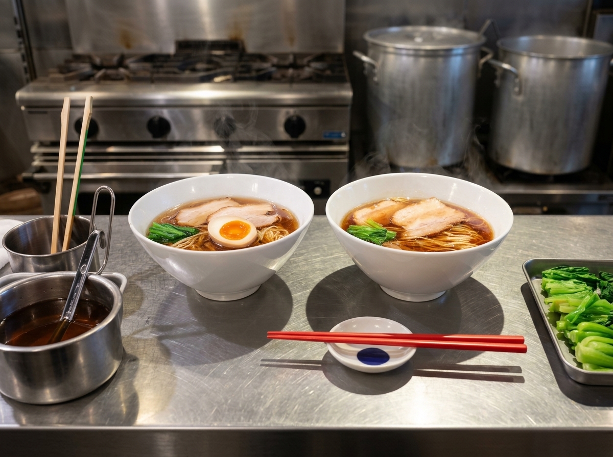 A halved soft-boiled egg with a vibrant orange yolk placed atop a bowl of ramen.