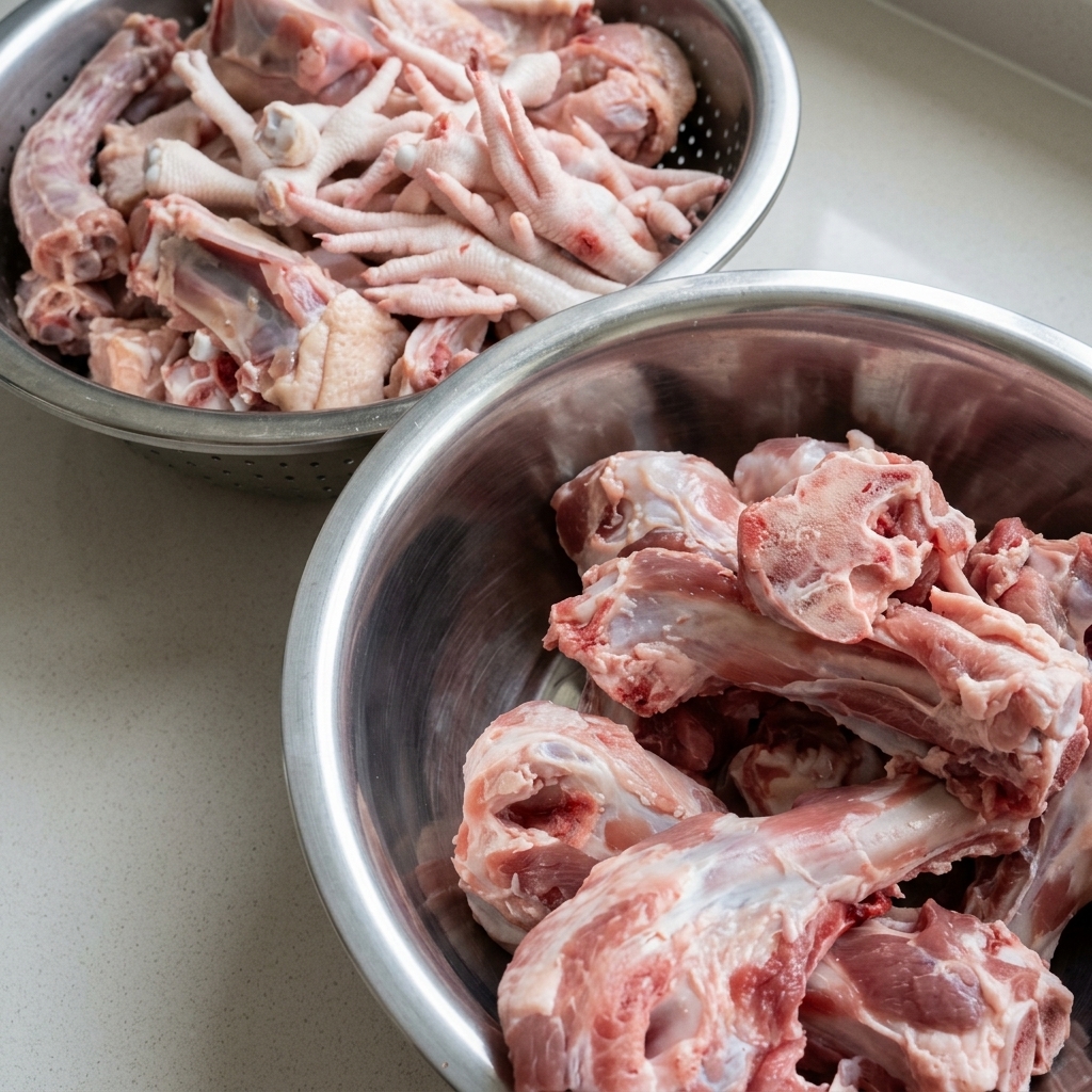 Raw chicken parts and pork bones displayed in two separate stainless steel mixing bowls.