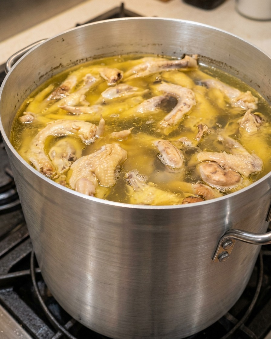 Chicken and pork bones simmering in a large aluminum pot with some floating impurities on the surface of the yellowish broth.