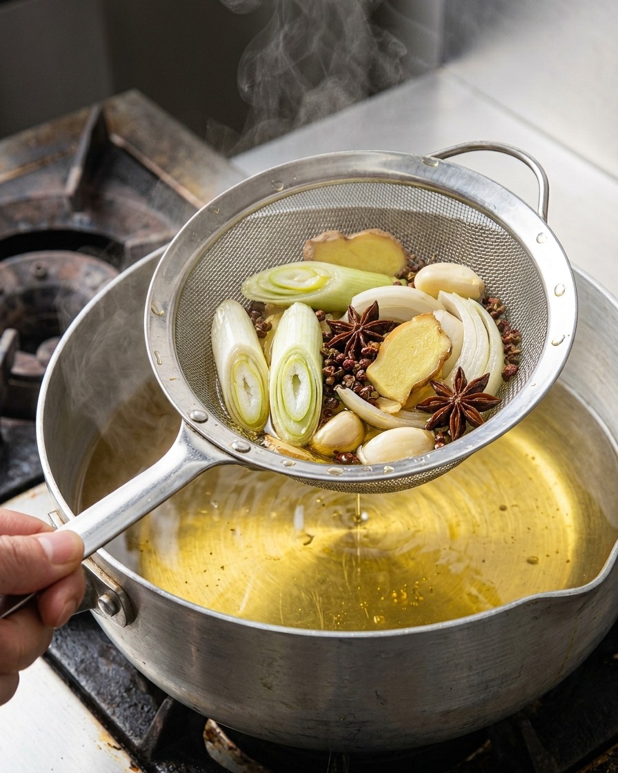 A hand holding a metal sieve over a pot, straining out fried scallions, ginger slices, garlic cloves, and star anise from hot golden oil.