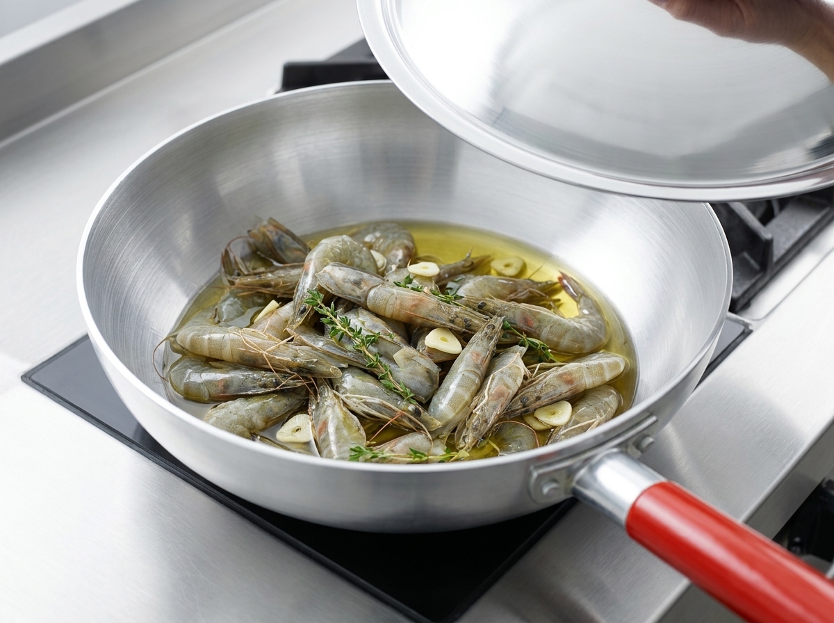 Whole raw shrimp placed in a metal frying pan, about to be fried as the lid is lifted.