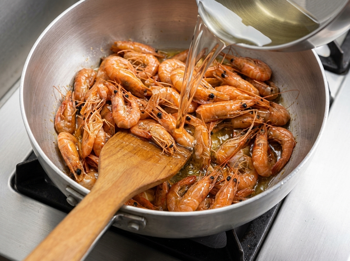 Strained golden aromatic oil being poured from a saucepan over cooked, red whole shrimp in a frying pan being stirred with a wooden spatula.