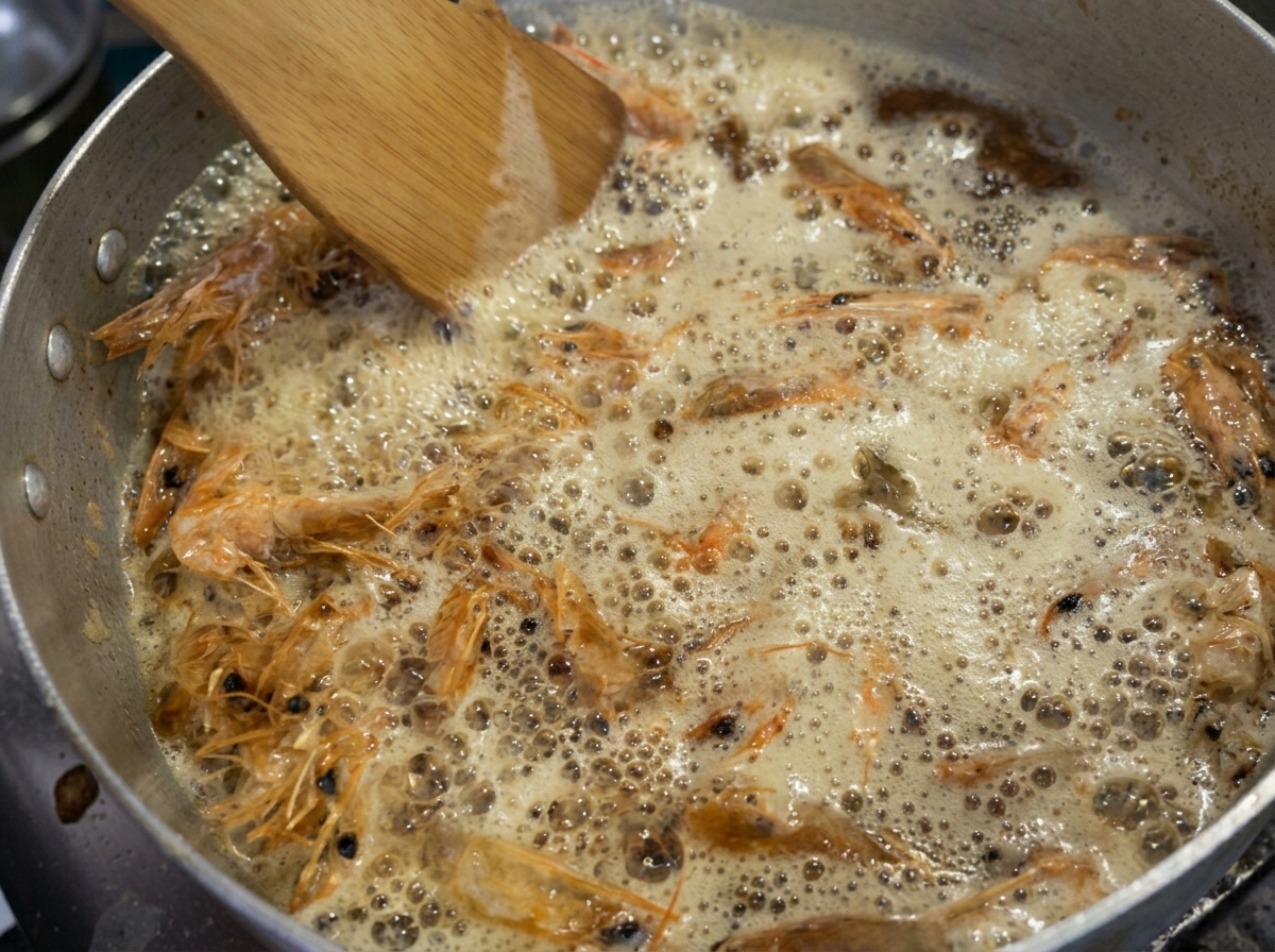 Shrimp heads frying in bubbling hot oil while being pressed with a wooden spatula in a metal pan.