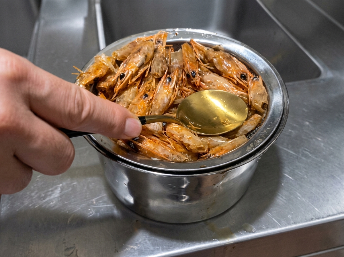 A hand using a gold spoon to press fried shrimp heads against a metal strainer set over a bowl to collect orange oil.