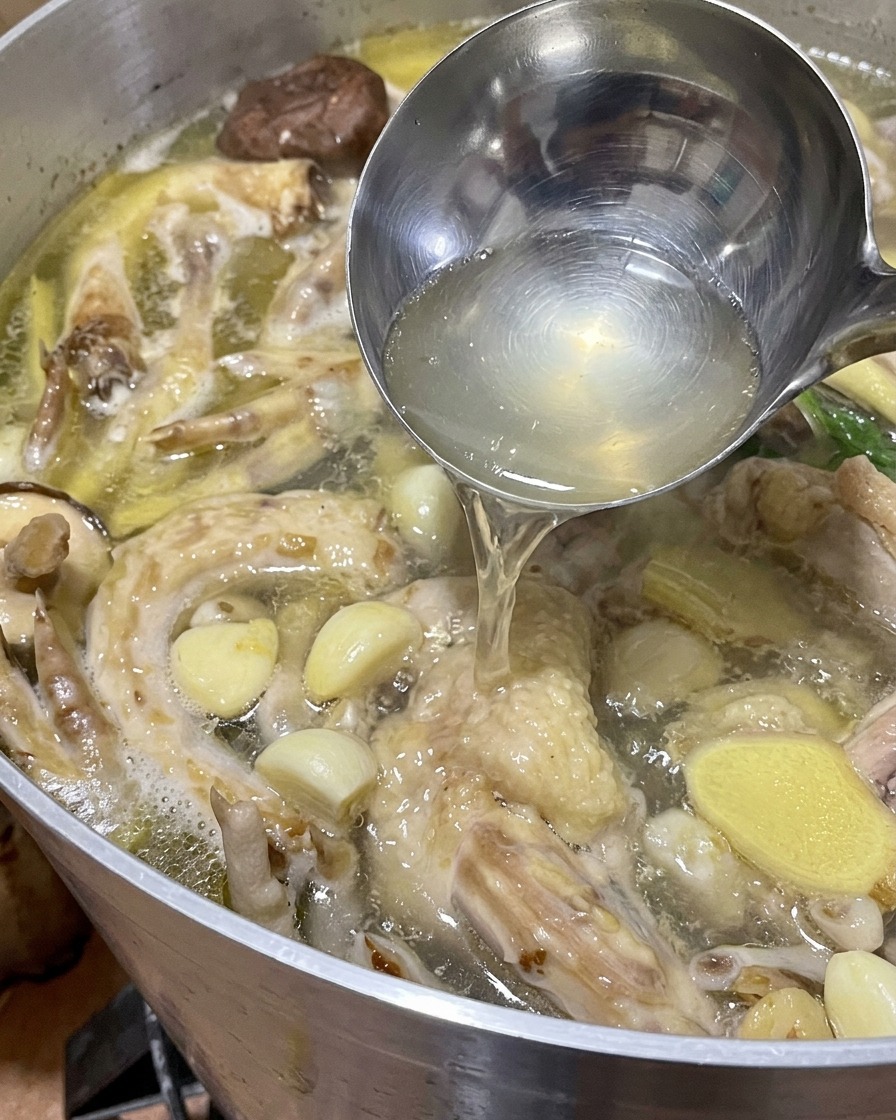 A metal ladle scooping hot, clear broth from a pot containing simmered chicken parts, garlic cloves, and ginger slices.