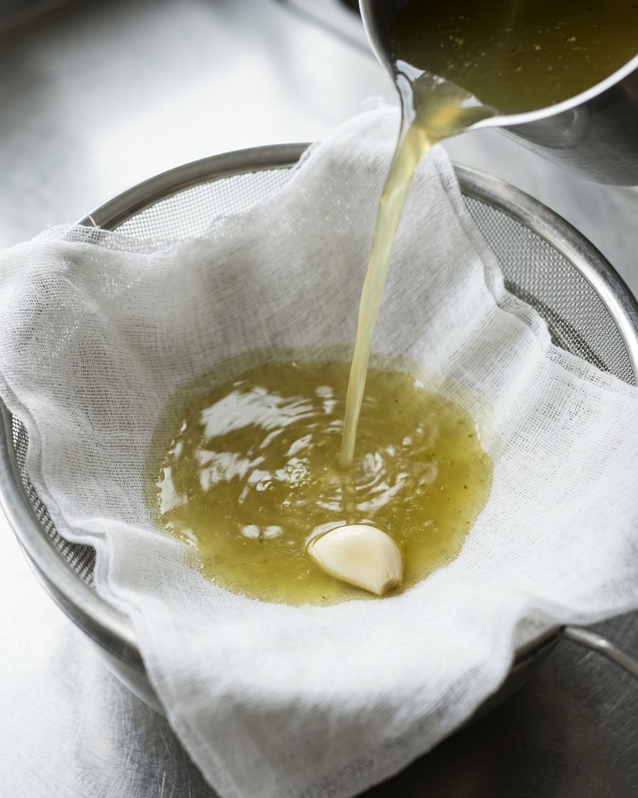 Hot, clear bone broth being poured from a pot through a white double-layer cheesecloth lining a metal strainer into a bowl.
