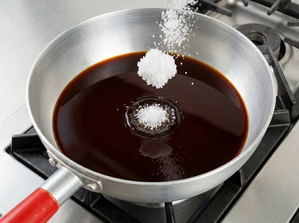 White granulated sugar and salt falling into a dark soy sauce mixture in a small aluminum saucepan on a stovetop.
