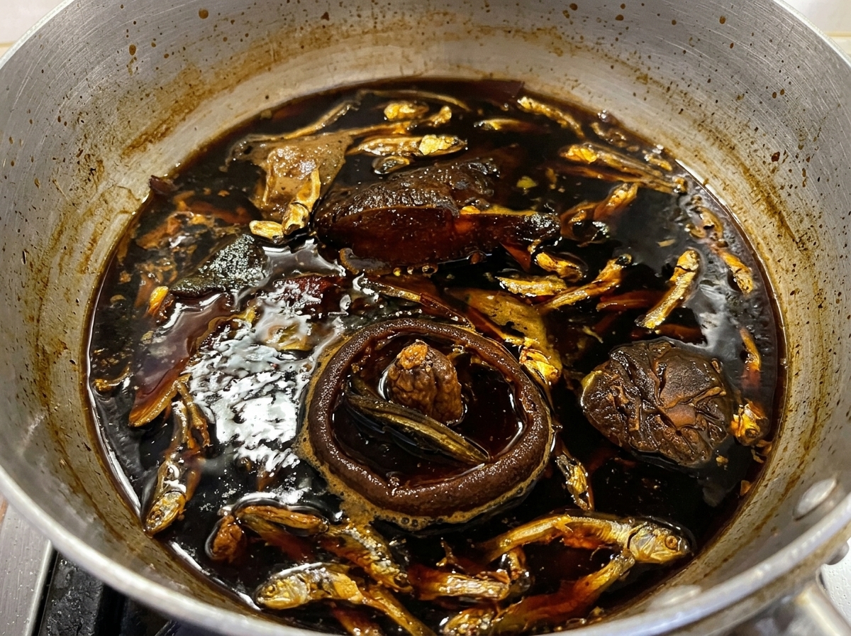 A dark soy sauce tare simmering in a pot with small dried fish and whole dried shiitake mushrooms floating on top.