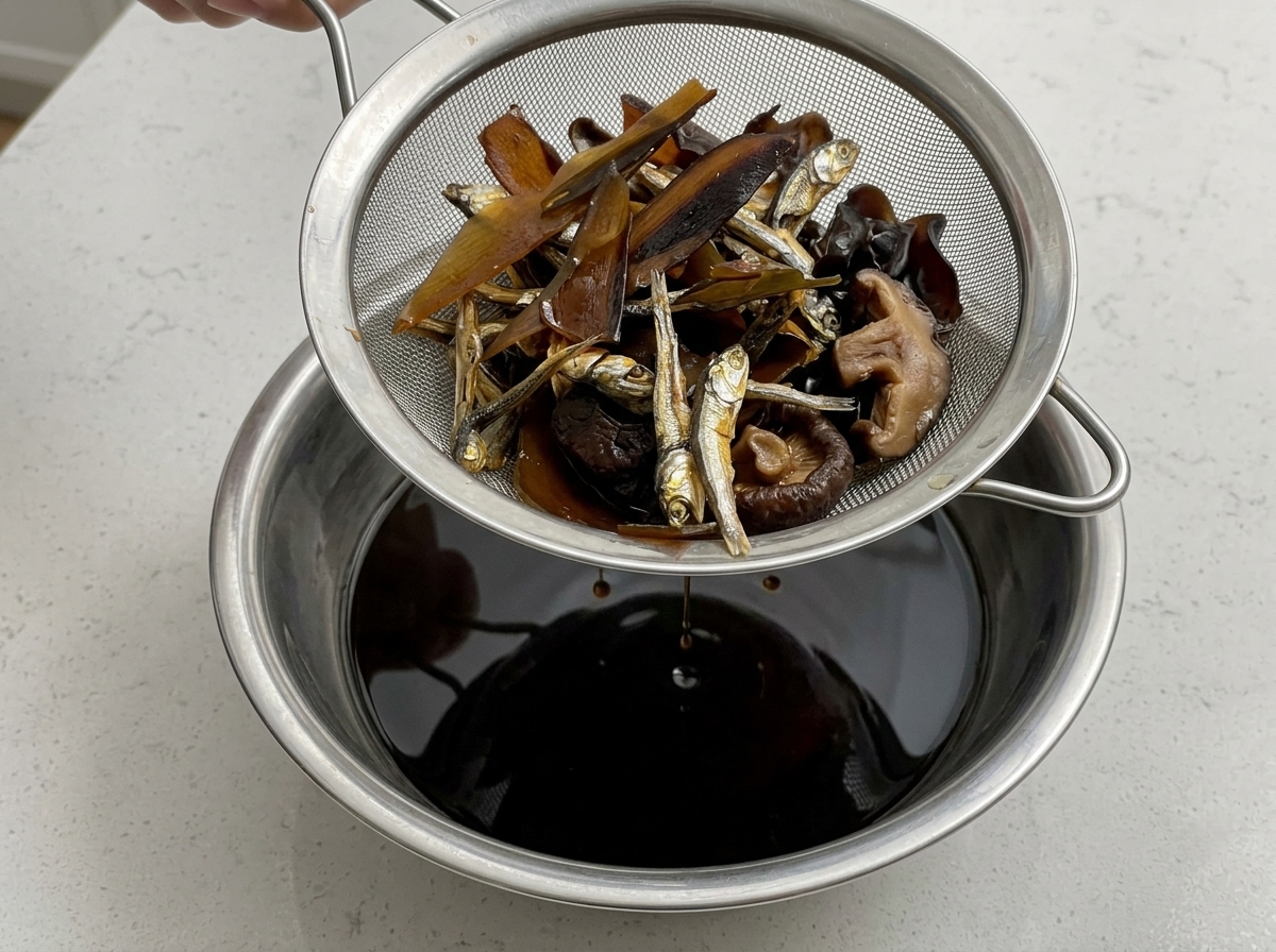 A stainless steel fine mesh sieve holding soaked dried fish, kelp, and shiitake mushrooms, dripping dark Shoyu tare into a metal bowl below.