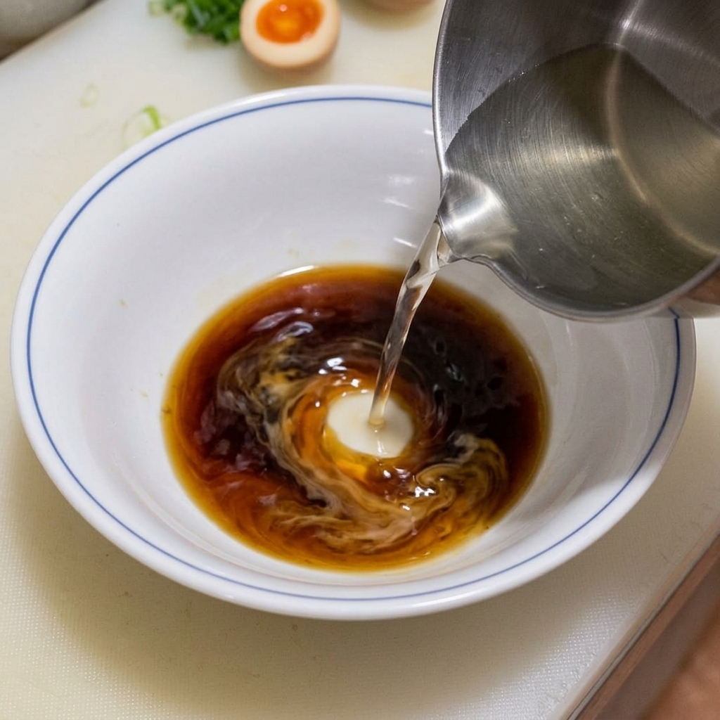 Hot, clear meat broth being poured from a metal pot into a white ceramic ramen bowl, mixing with dark Shoyu tare and aromatic oils.