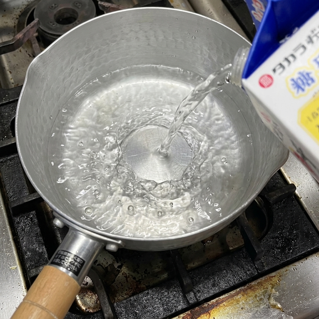 Pouring white soy sauce from a carton into a small metal pot over a stove.