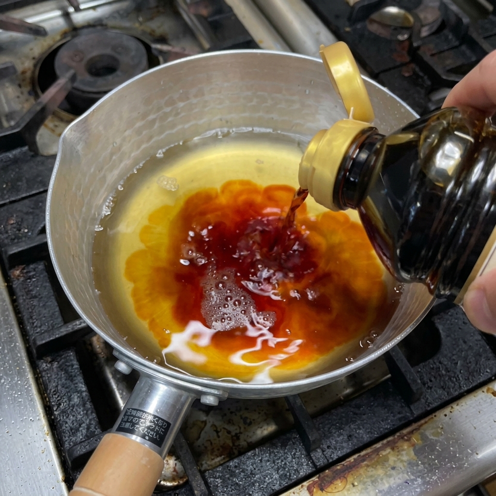 Pouring dark soy sauce from a bottle into a pot of simmering light golden liquid.