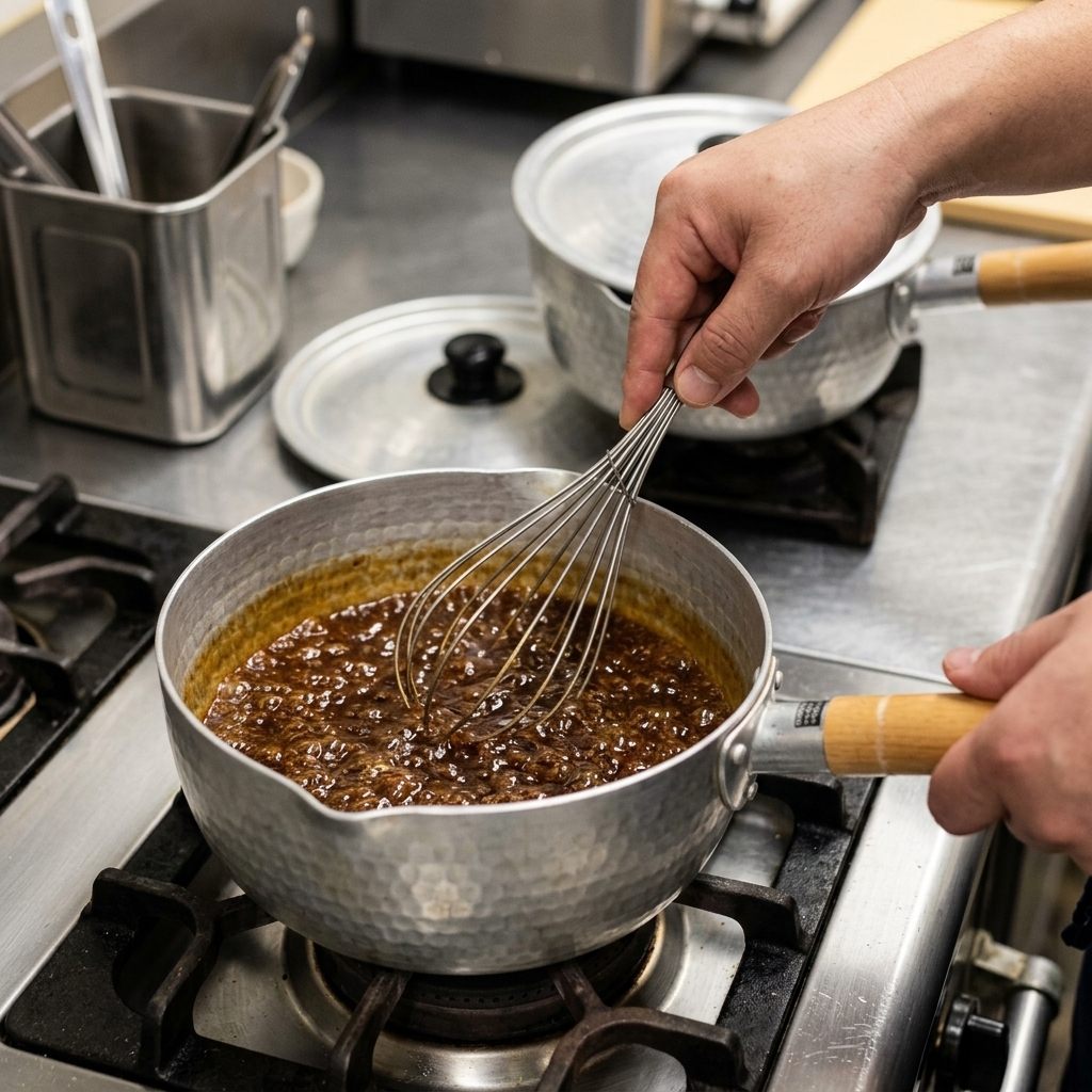 A person using a wire whisk to stir a dark, bubbling soy sauce mixture with bonito flakes in a metal pot.