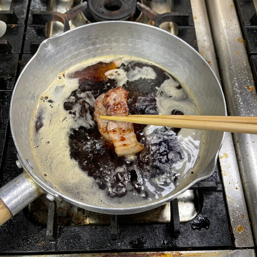 Chopsticks lifting a golden-brown piece of pork belly and dropping it into a pot of dark, simmering soy sauce.