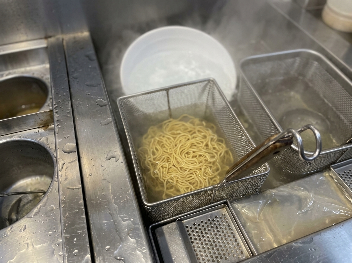 Thick yellow ramen noodles boiling vigorously inside a square wire mesh basket submerged in hot water.
