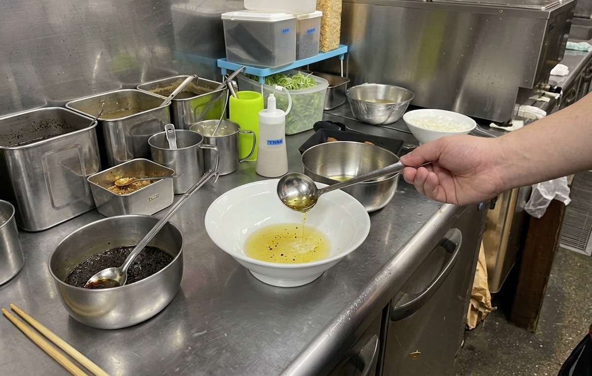 A hand using a metal ladle to pour clear, seasoned oil into a white ceramic serving bowl in a commercial kitchen.