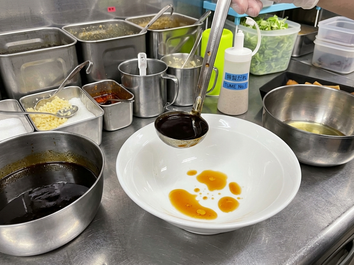 A metal ladle pouring a dark soy sauce mixture into a white ceramic bowl that already contains a pool of seasoned oil.