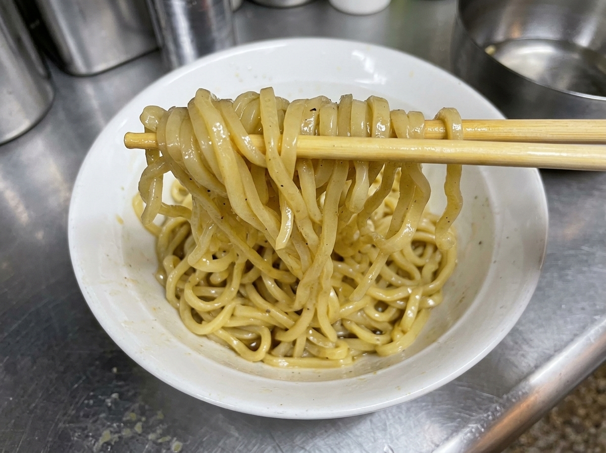 Chopsticks lifting and tossing thick, cooked noodles in a white bowl, coating them evenly with the dark sauce mixture.