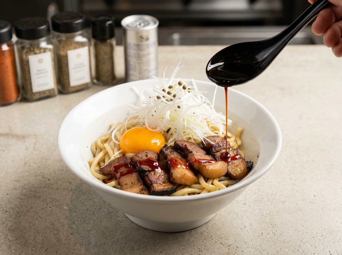 A black spoon drizzling dark liquid over a beautifully plated bowl of Abura Soba topped with pork belly, an egg yolk, and shredded scallions.